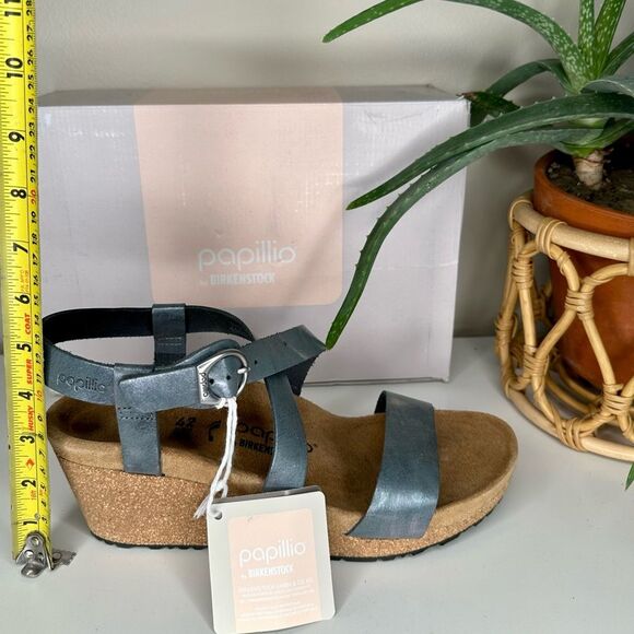 Birkenstock Papillio Sibyl Ring Buckle Metallic Black Leather Wedge Sandals 11 - Picture 10 of 12